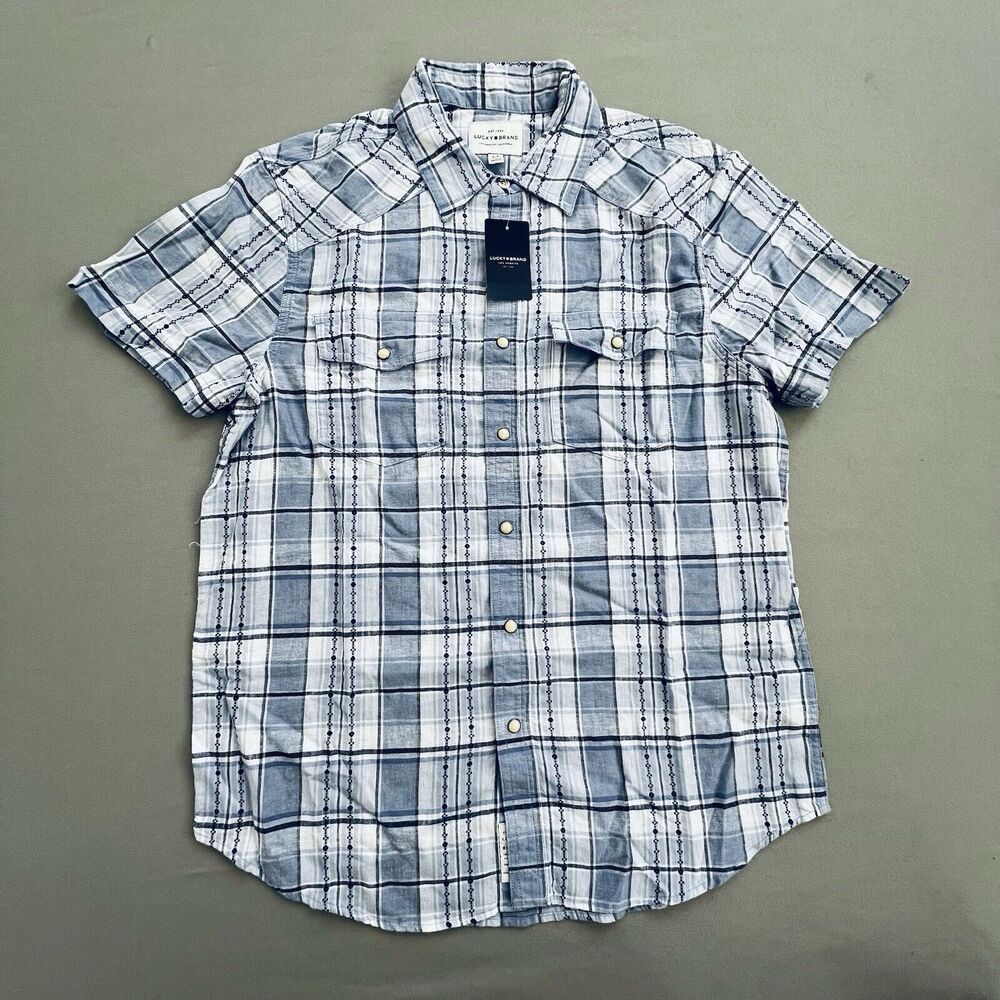 Lucky Brand Men Western Shirt Size SMALL Linen Blend Pearl Snap Short Sleeve NEW